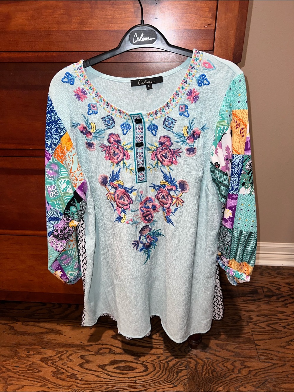 Calessa Light Blue Embroidered Patchwork Boho Tunic